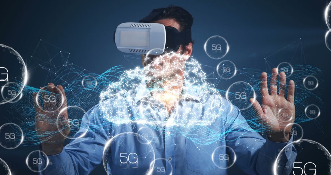 Man Using VR Headset with 5G Technology and Cloud Network Interface