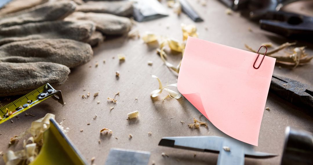 Memo Note on Carpentry Workbench with Tools and Sawdust