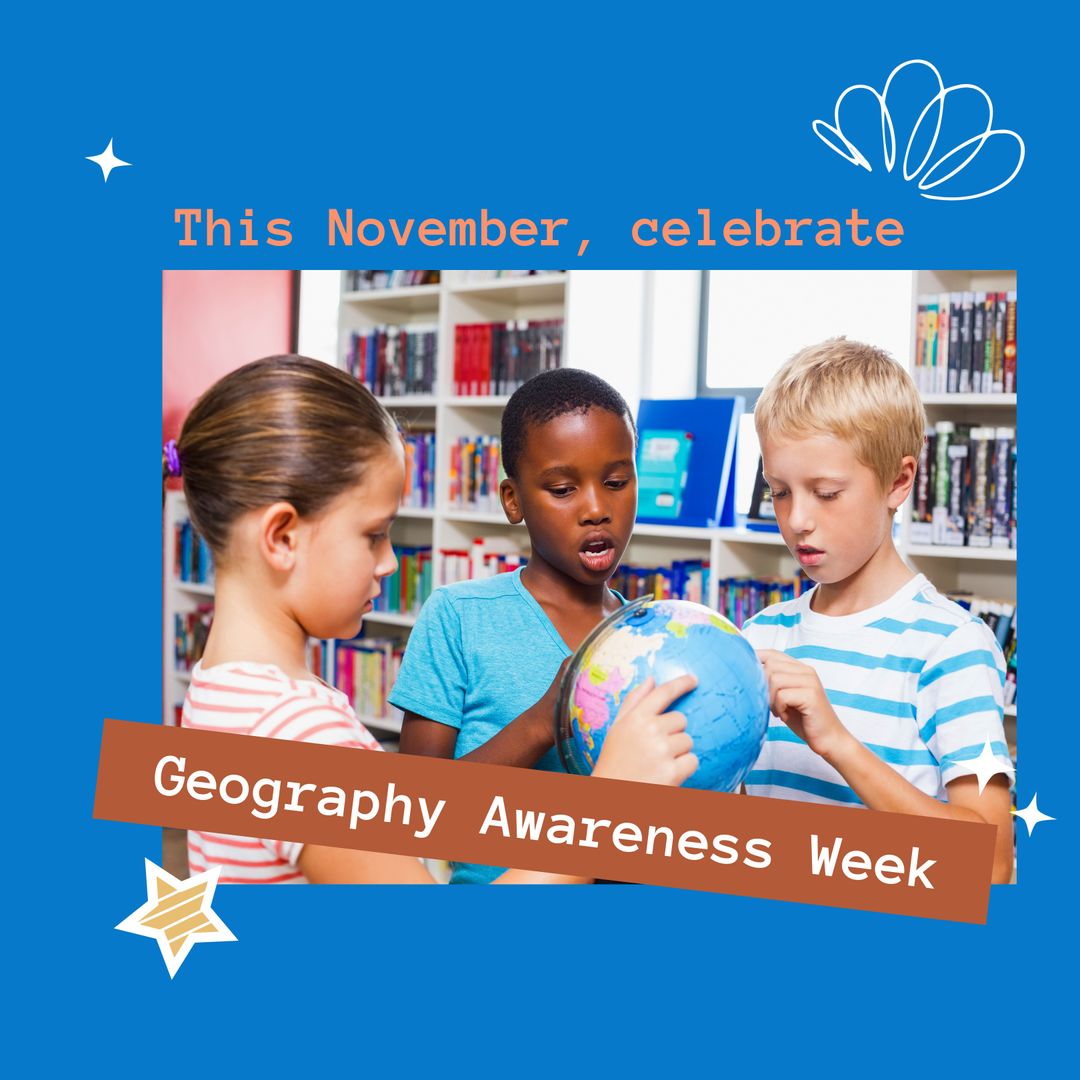 Diverse Children Exploring Globe for Geography Awareness Week