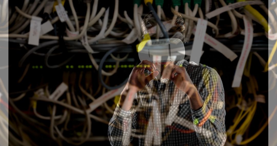 Man Using VR Headset in Server Room with Digital Overlays