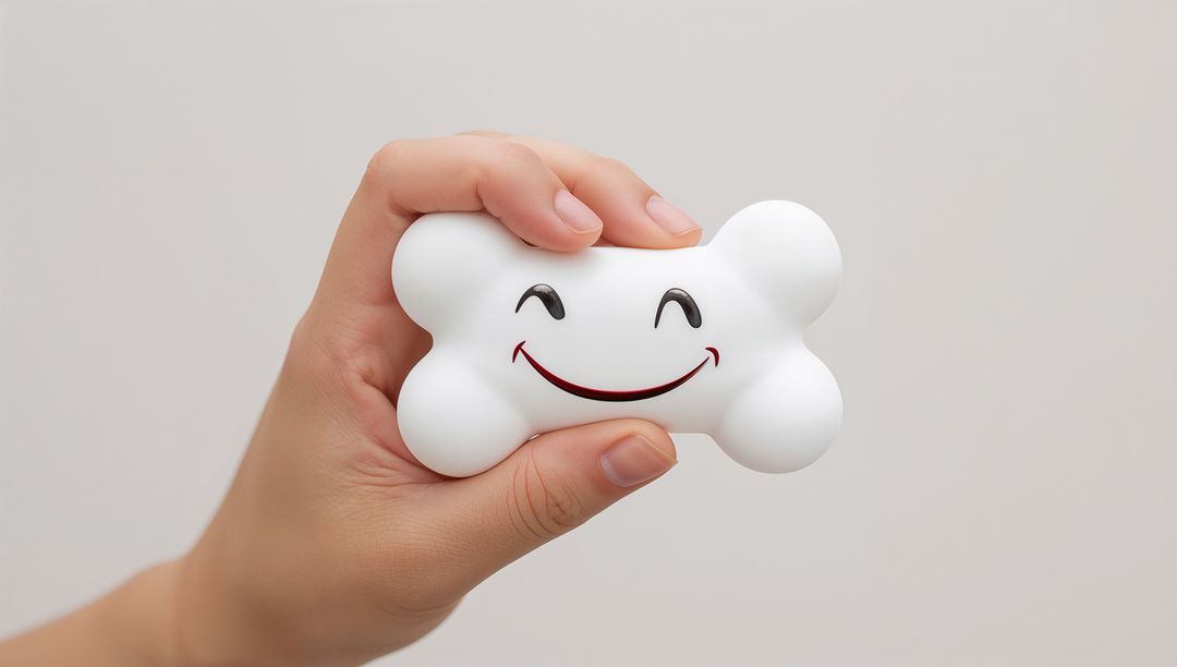 Hand Holding Smiling Bone-Shaped Squishy Stress Toy on Neutral Background