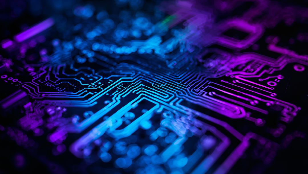 Neon-Lit Circuit Board Macro Showing Copper Traces, Solder Pads and Vias for Tech Design