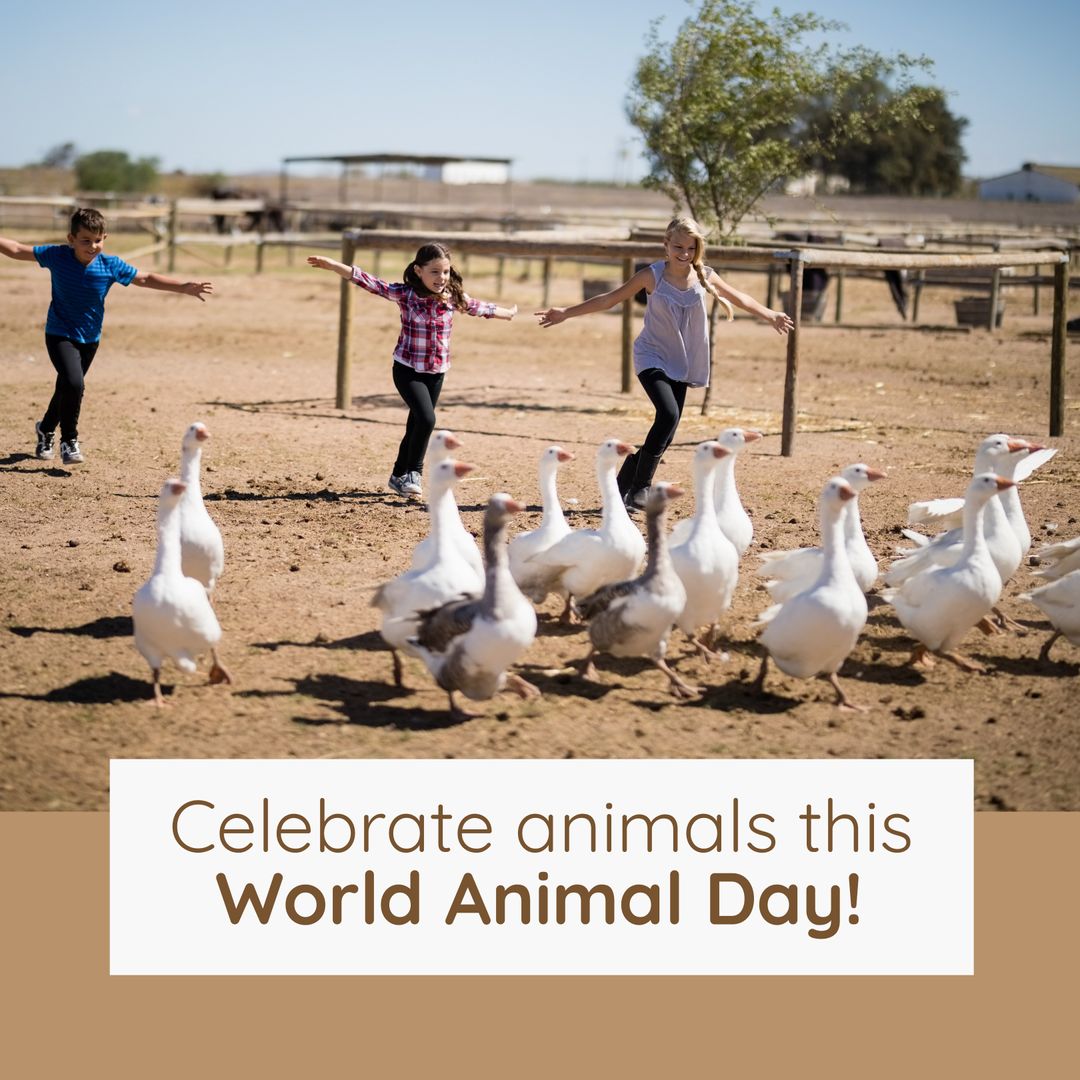 Children Joyfully Running with Geese on Farm