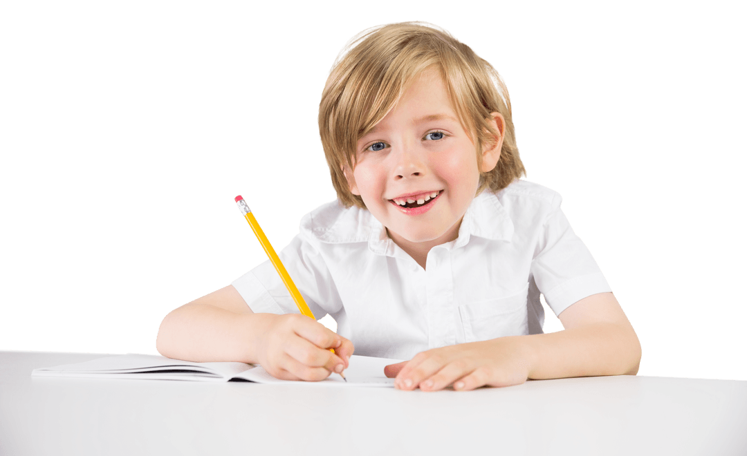 Happy Caucasian Schoolboy Writing on Transparent Background
