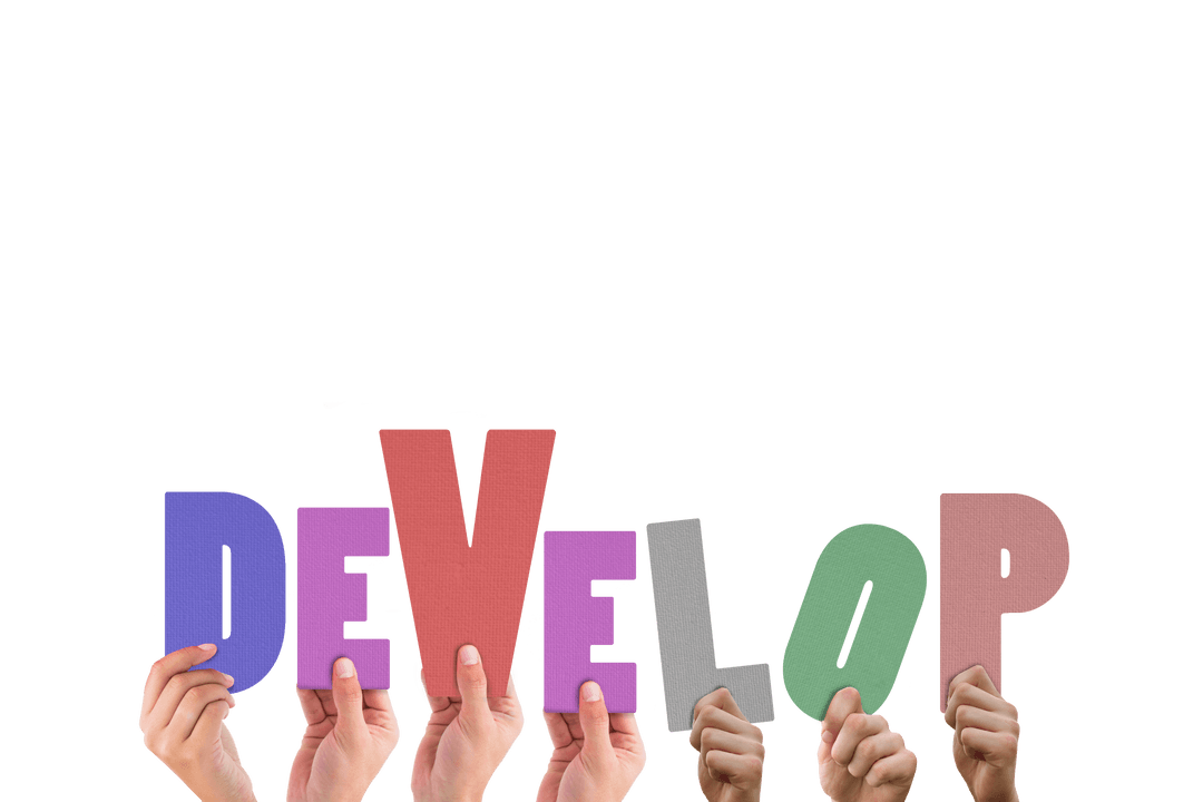 Hands Lifting Colorful Transparent Letters to Spell 'Develop'