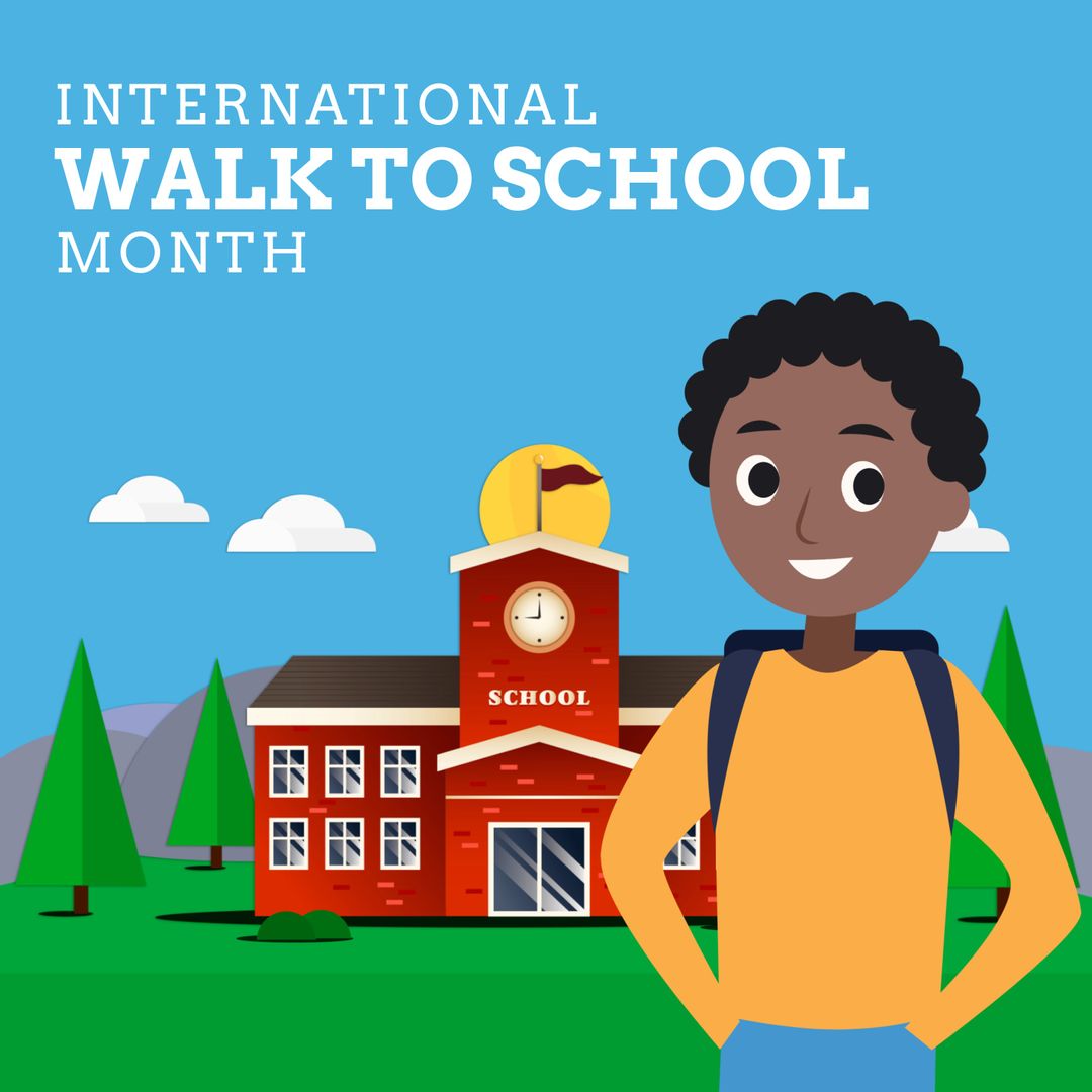 International Walk to School Month Illustration with Boy and School