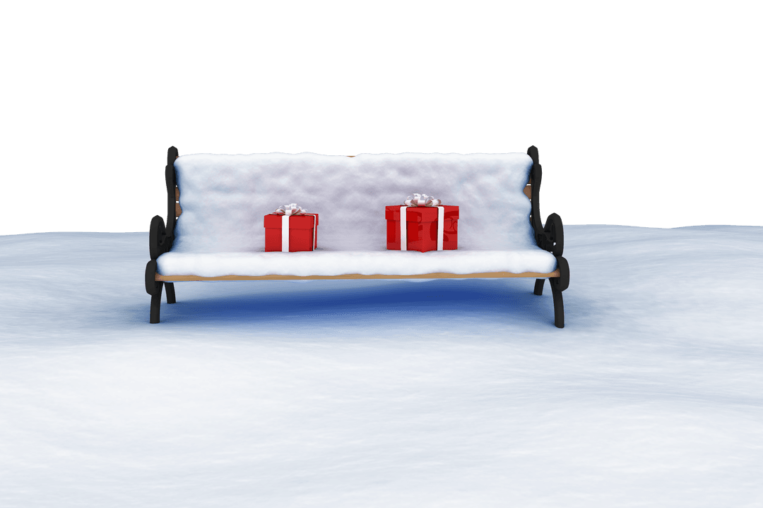 Snow-Covered Bench with Red Gifts on Transparent Background