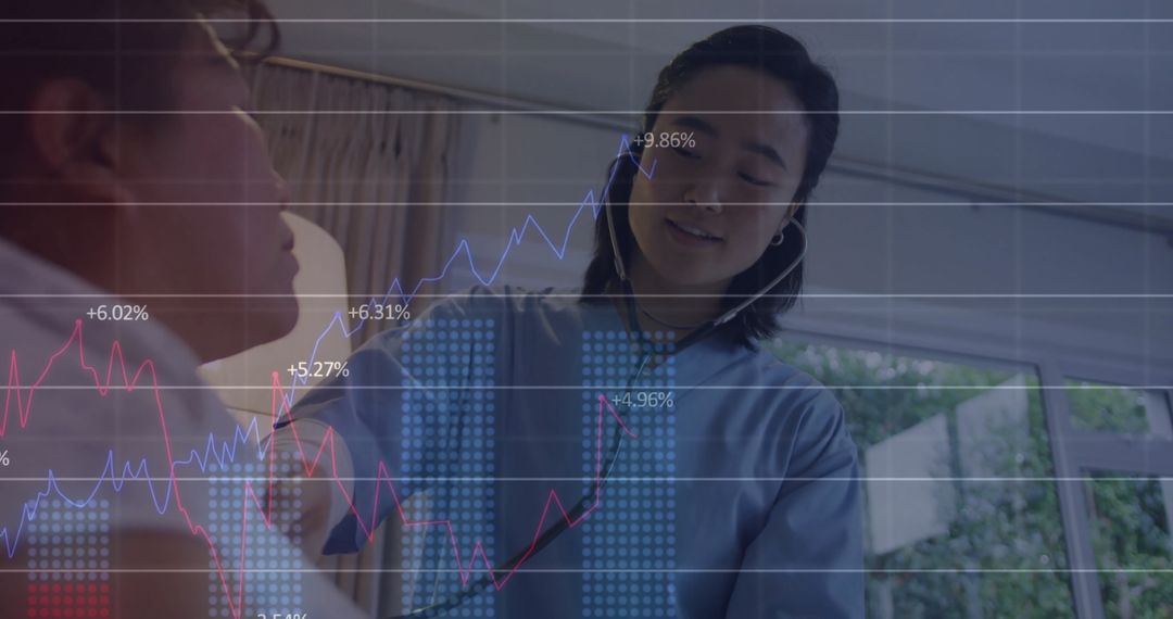 Health Professional Caring for Senior with Statistics Overlay