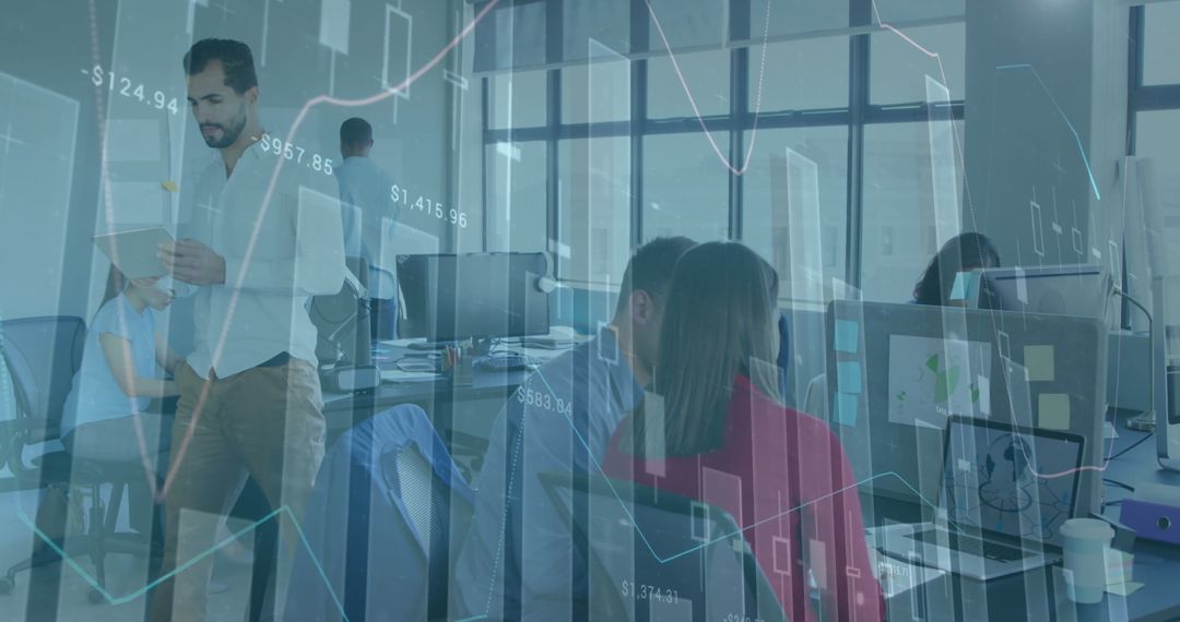 Financial Analysts Reviewing Data with Graph Overlays in Modern Office