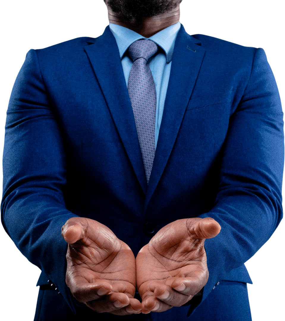 Transparent Businessman Holding Invisible Object in Formal Suit