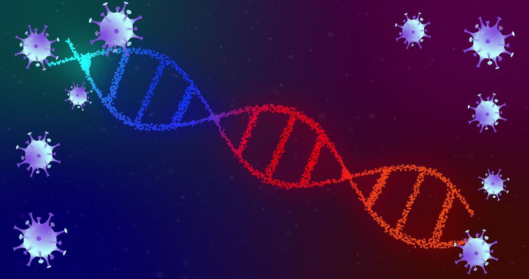 Futuristic DNA Helix Surrounded by Virus Particles in Digital Space