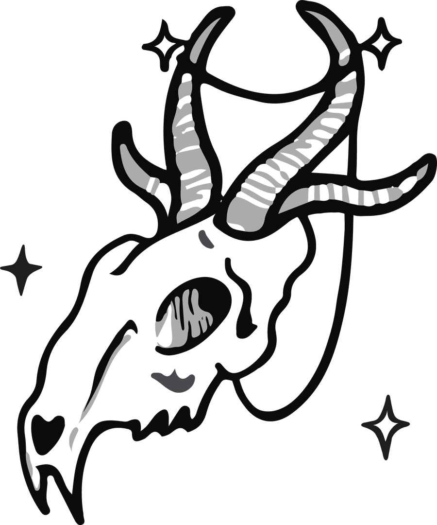 Mystical Animal Skull with Horns and Stars on Transparent Background