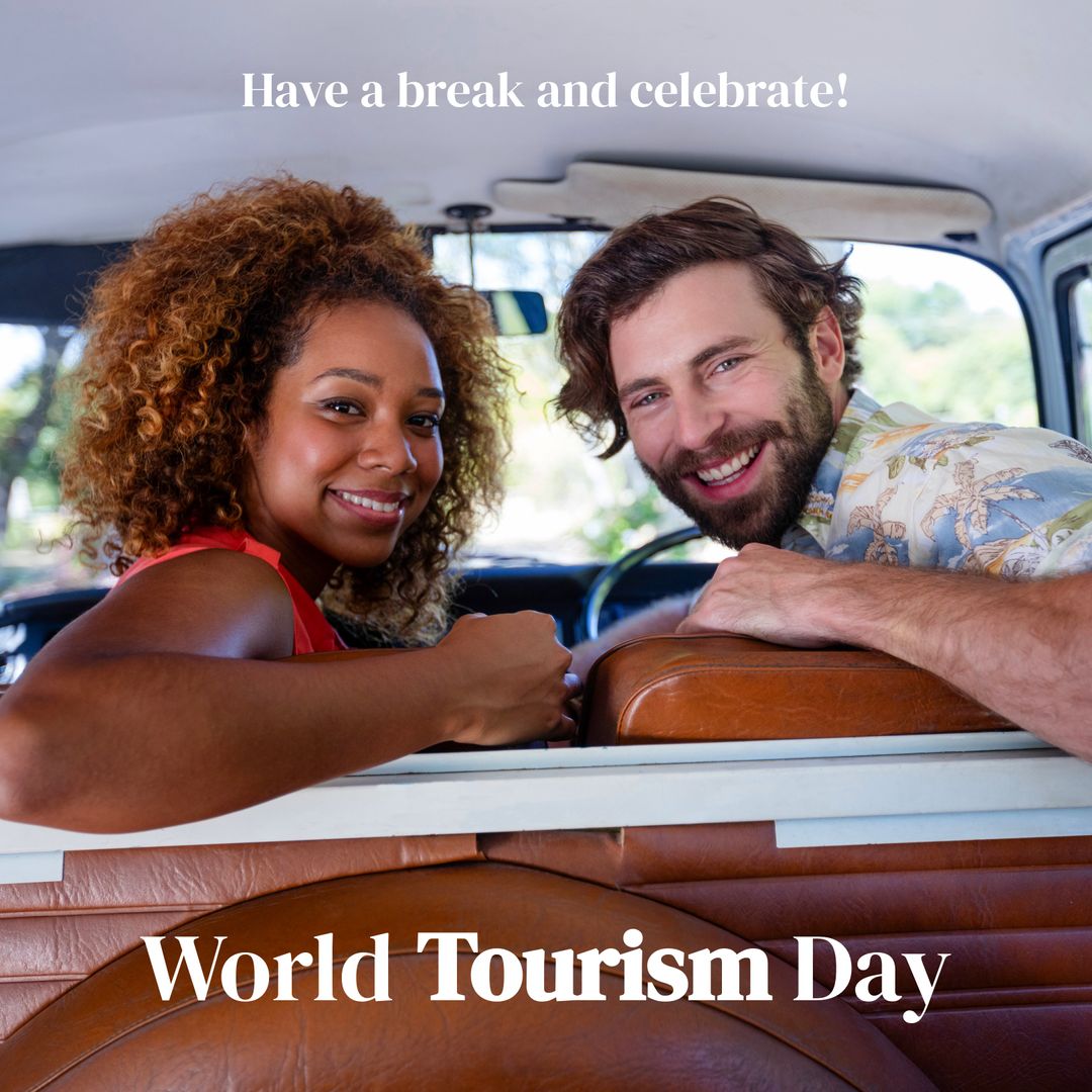 Diverse Couple Smiling in Van Celebrating World Tourism Day