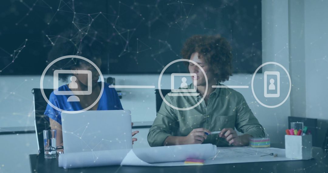 Diverse Team Collaborating in Digital Workspace with Technology Icons