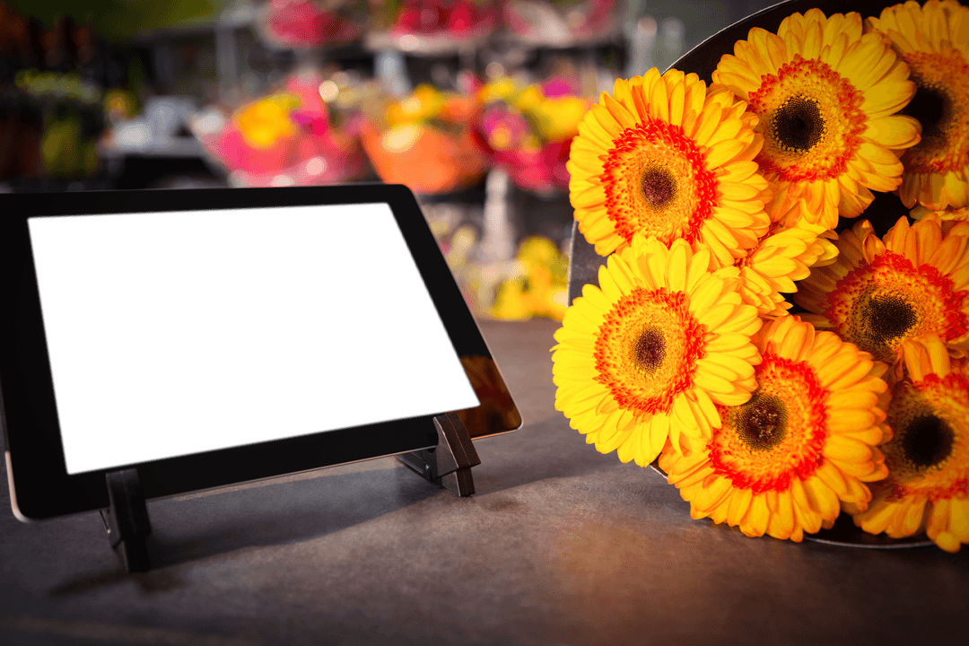 Transparent Digital Tablet with Bright Yellow Flowers Displayed