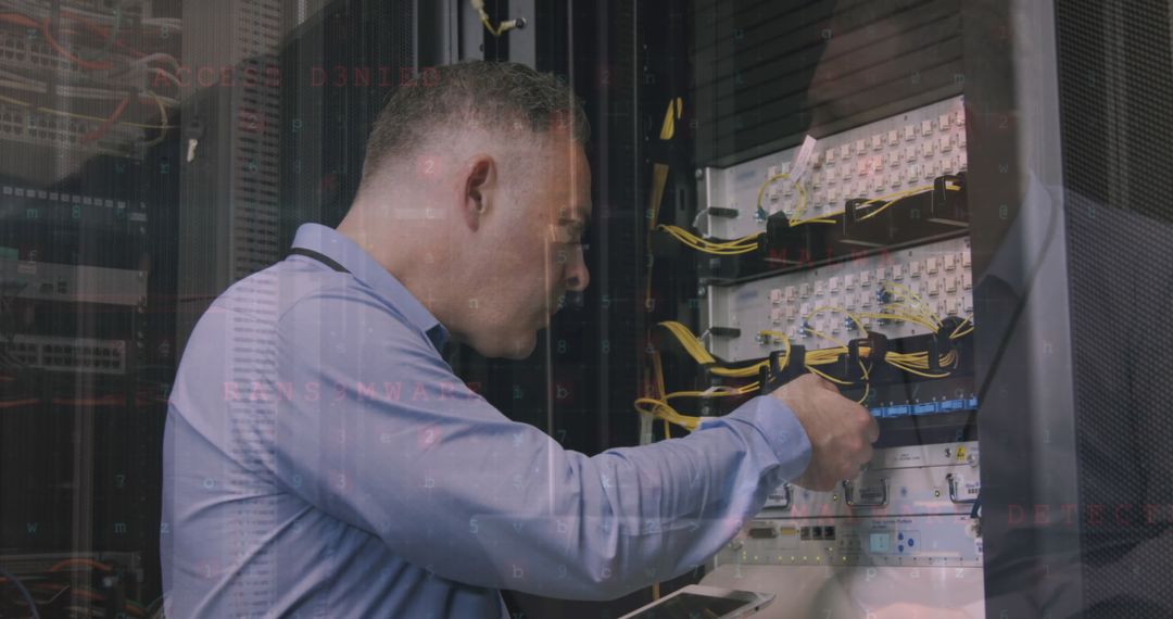 Technician Managing Server Room with Data Visualization Overlay