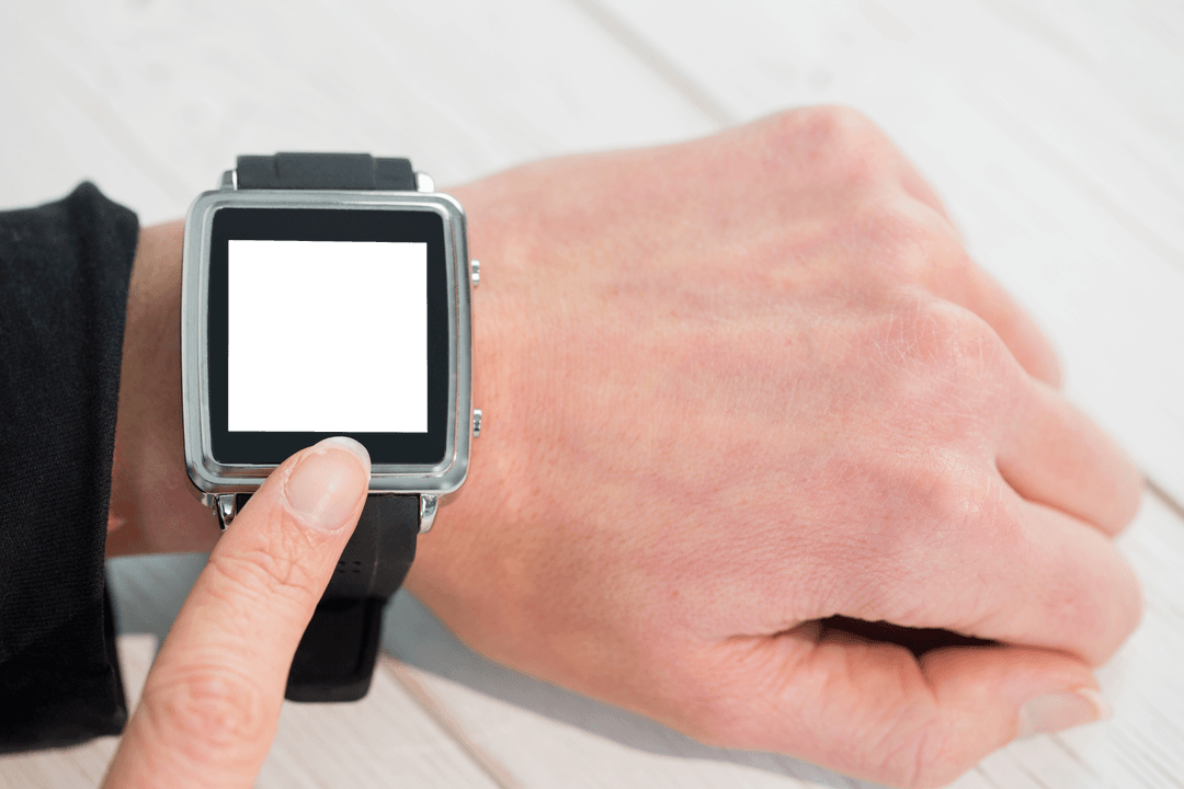 Businesswoman Interacting with Transparent Smart Watch on Wrist