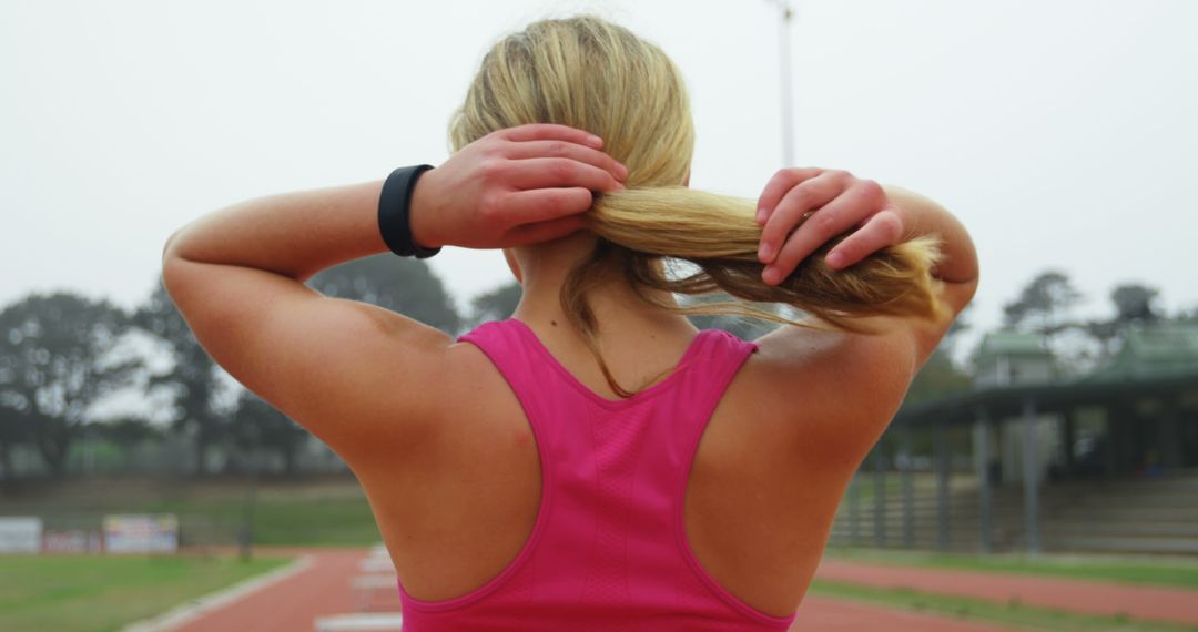 Female athlete on track tying hair in preparation for workout - Free Images, Stock Photos and Pictures on Pikwizard.com