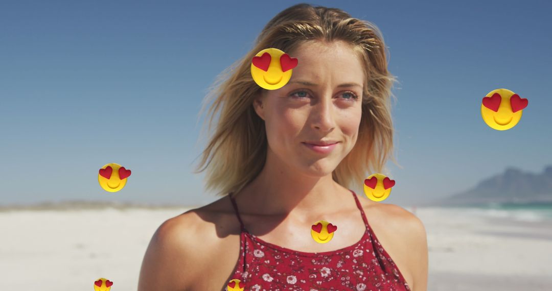 Smiling Woman on Beach with Floating Heart Emojis