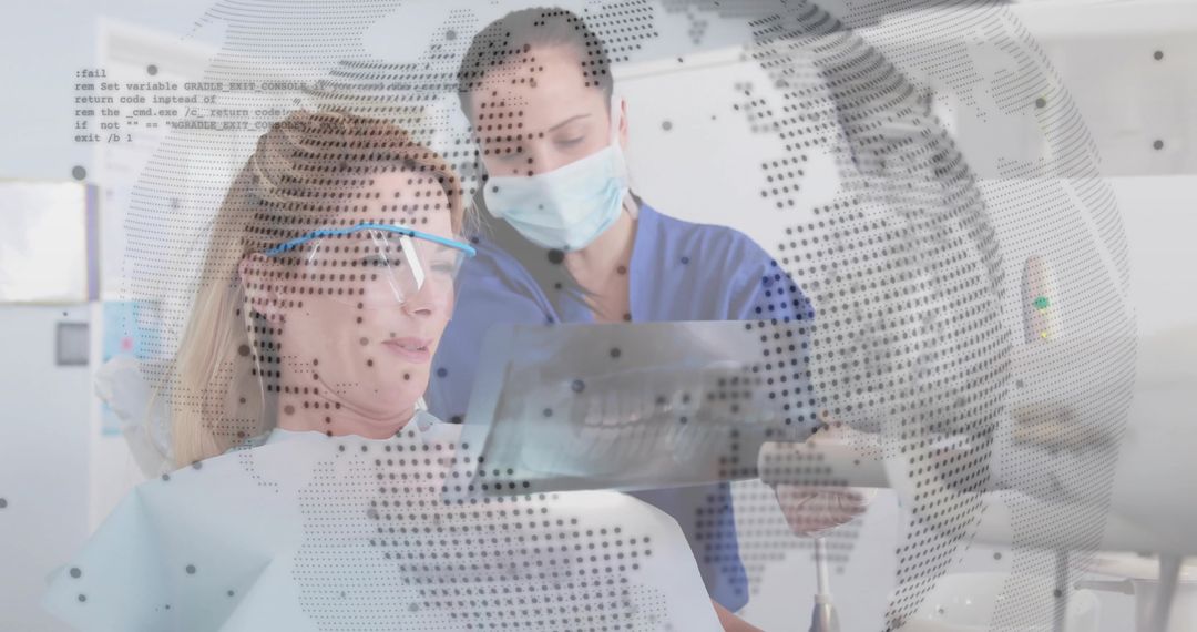 Dentist Analyzing Dental X-Rays with Digital Map Overlay in Modern Clinic