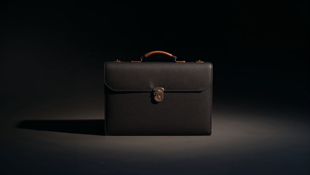 Featuring Dark Pebbled Leather Briefcase with Brass Lock under Low-Key Lighting