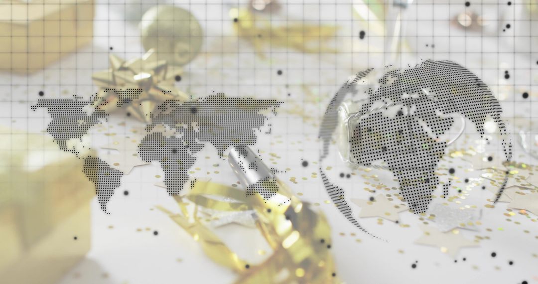 Global holiday celebration showing dotted world map overlay and halftone globe with gold ribbon