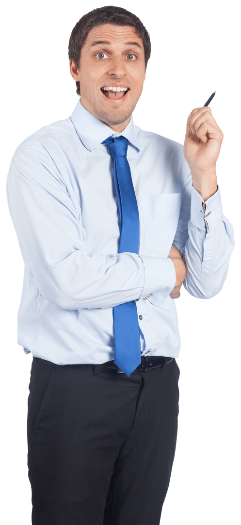 Surprised Caucasian Businessman Holding Pen Isolated on Transparent Background