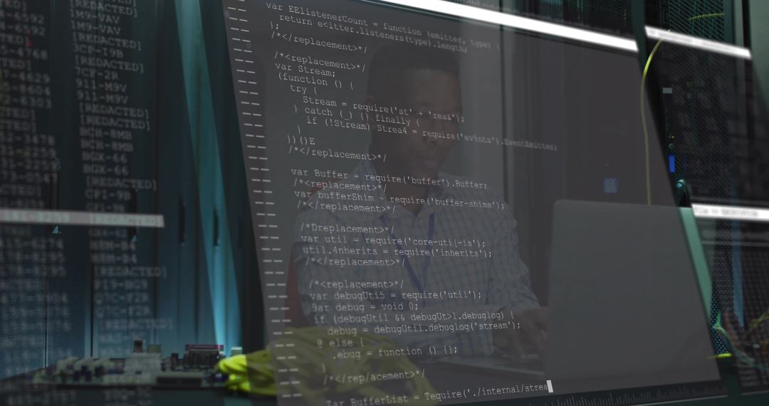 Developer Coding JavaScript in Modern Server Room