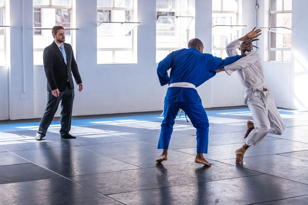 Martial Artists Sparring in Mosaic of Tradition and Skill