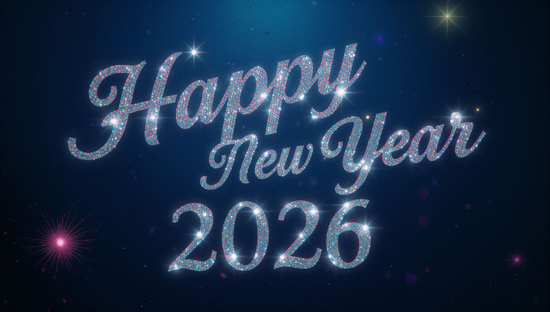 Shimmering Happy New Year 2026 Typography Sparkling and Glowing on Starry Night Background