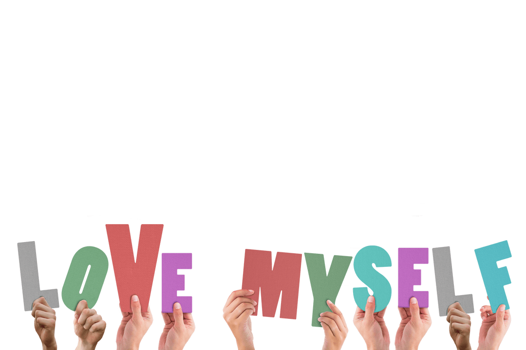 Hands Holding Colorful Love Myself Text on Transparent Background