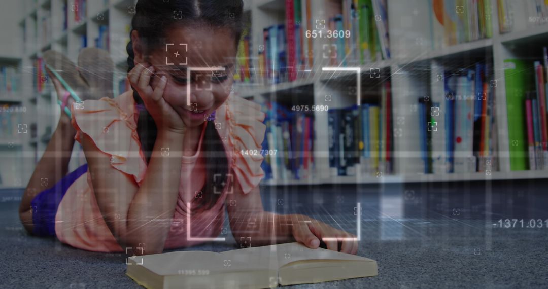 Young Girl Reading Book on Library Floor with Digital Interface Overlay