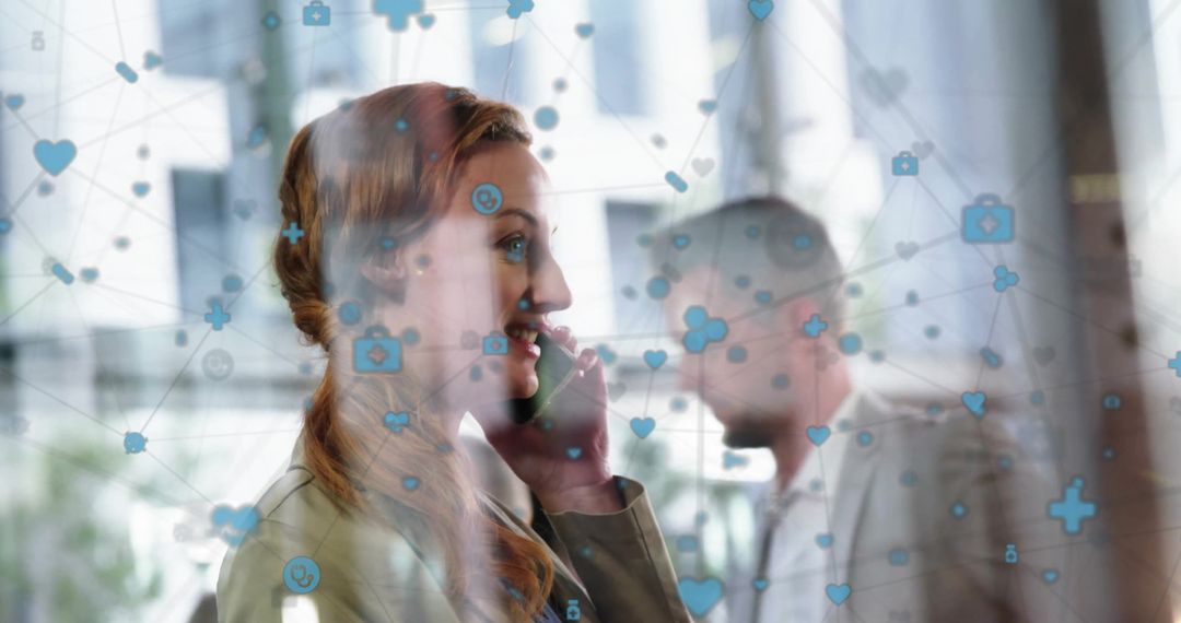 Businesswoman Engaging Online with Network of Digital Icons