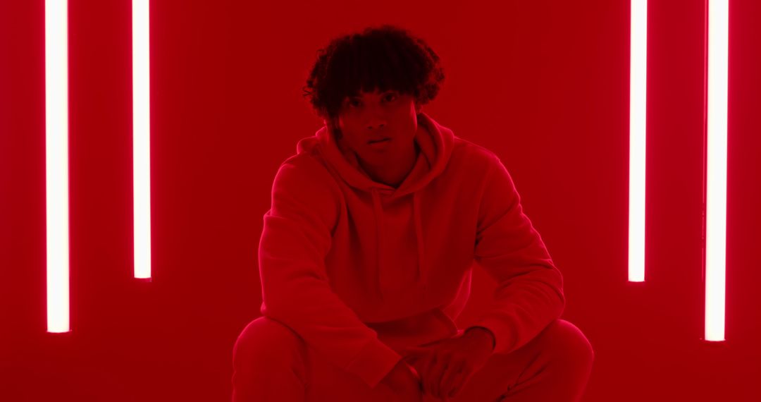 Urban Fashion Mood in Red Lit Studio with Vibrant Neon Lighting