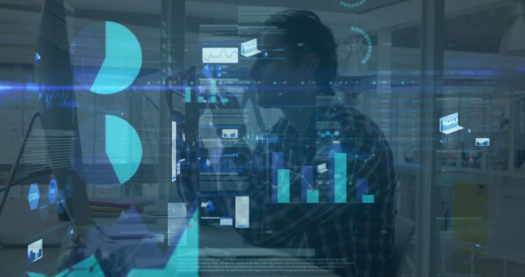 Businessman Engages Digital Interface with Data Visualizations and Graphs