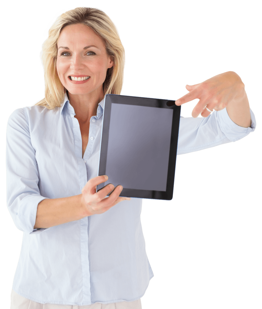 Smiling Businesswoman Holding Tablet with Transparent Background