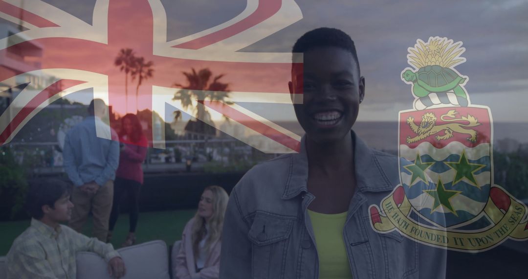 Smiling Person Relaxing on Rooftop with Flag Overlay