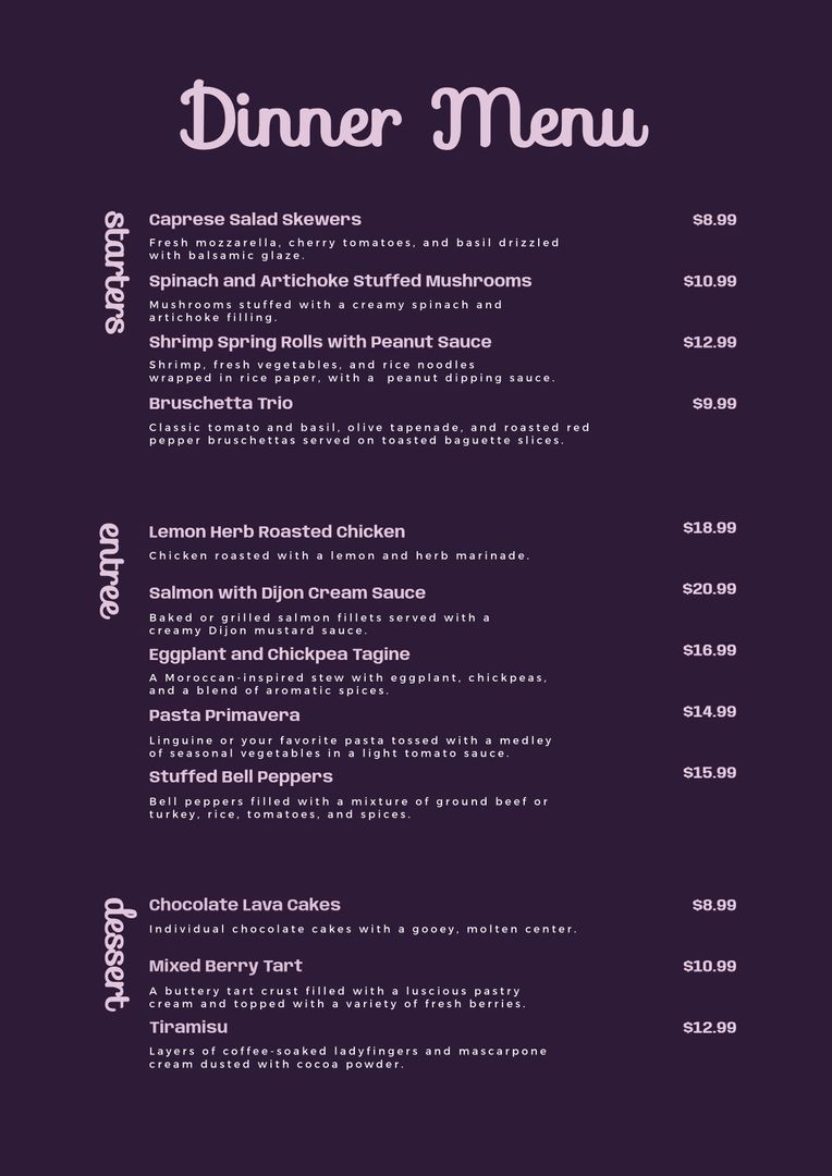 Elegant Dinner Menu with Minimalist Design on Purple Background - Download Free Stock Templates Pikwizard.com