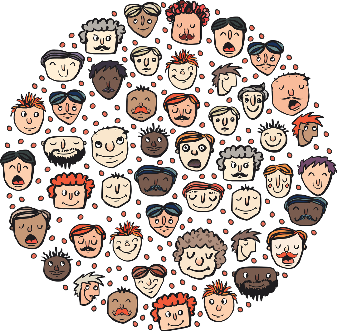 Whimsical Faces in Circle on Transparent Background Vector