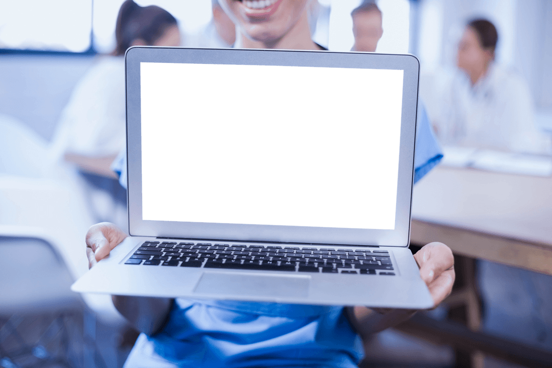 Transparent Background Nurse Displaying Laptop Screen in Hospital