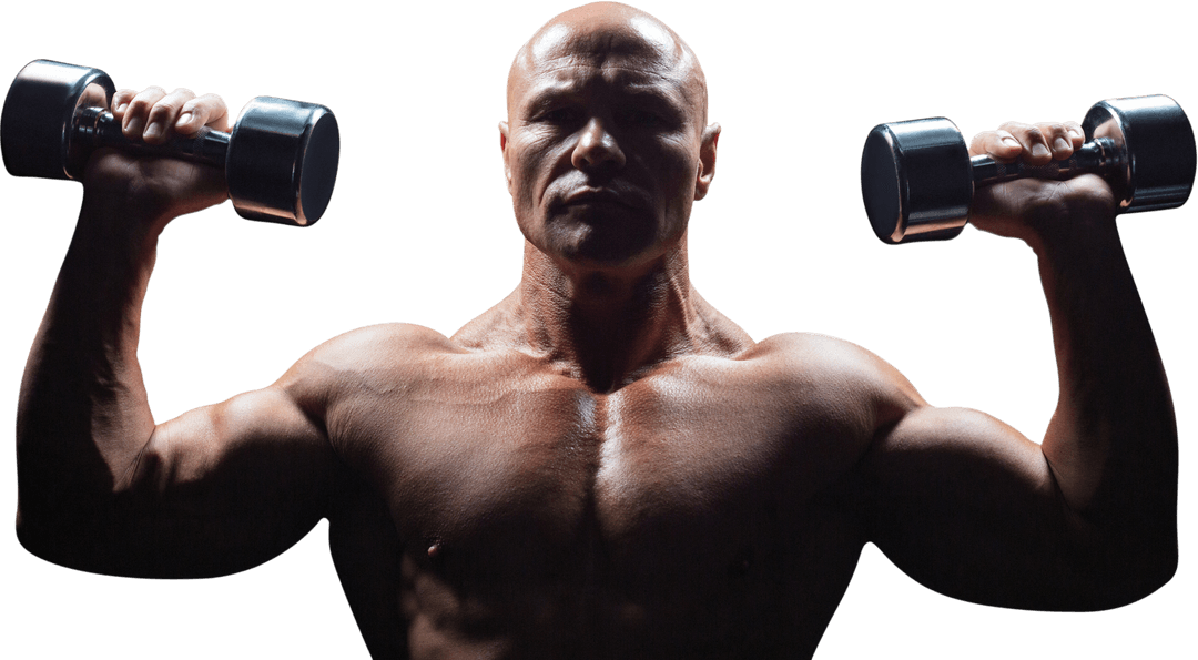 Muscular Bald Man Lifting Dumbbells on Transparent Background