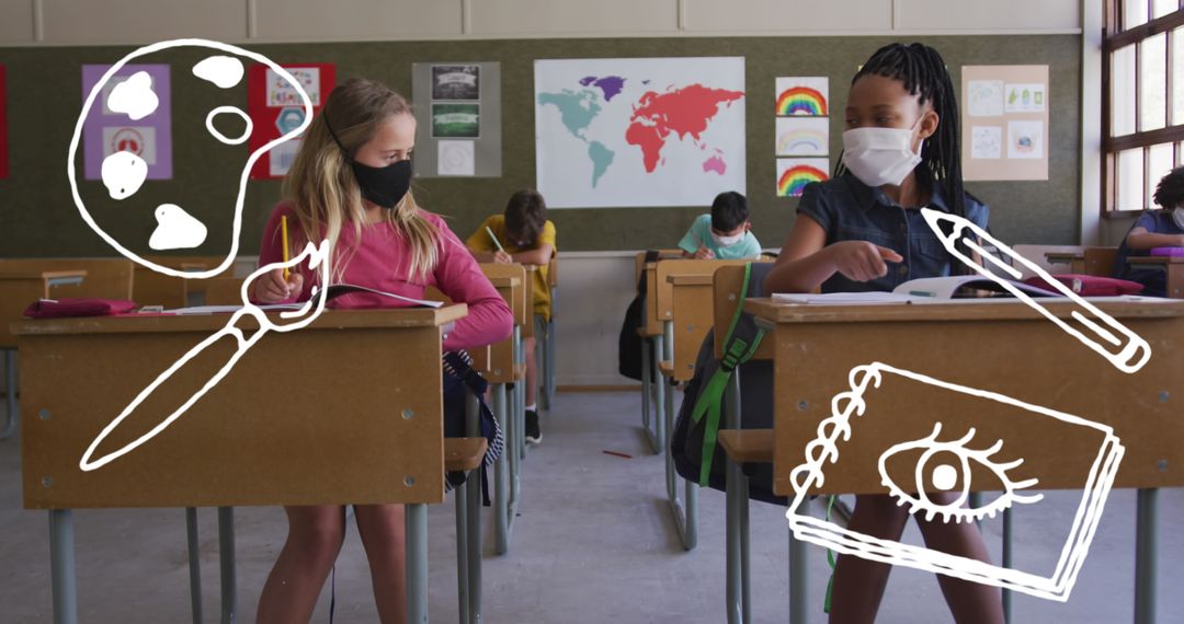 Masked Students Engaging in School Art with Virtual Doodlings