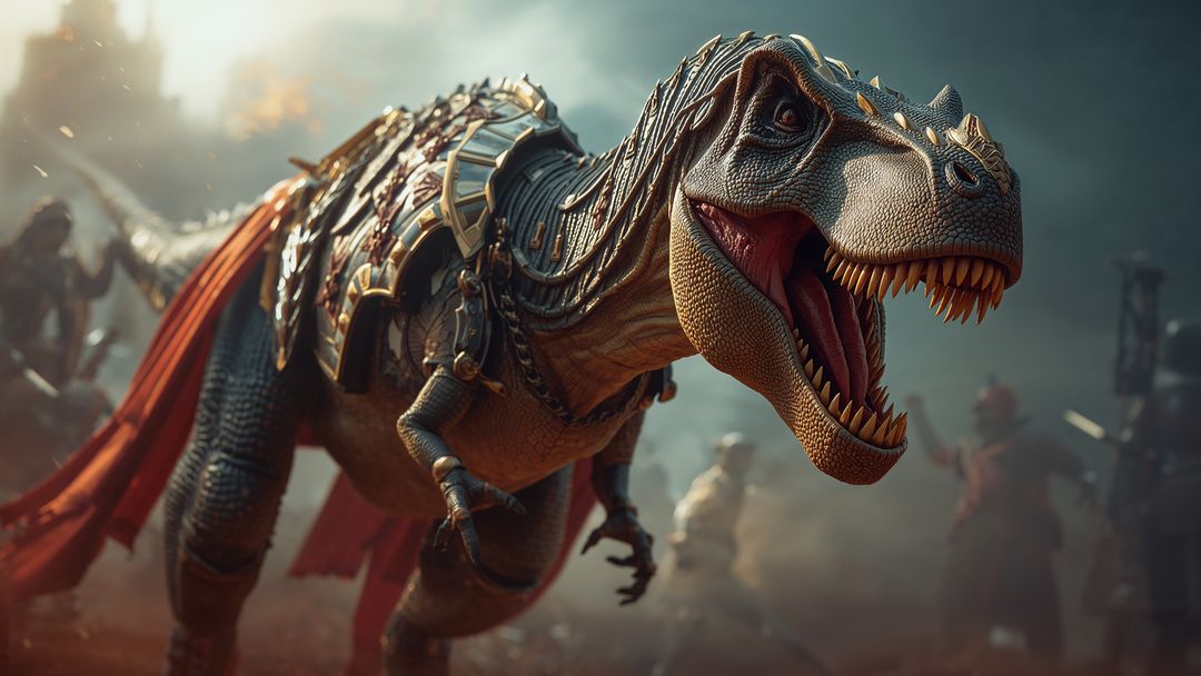 Armored Dinosaur Charging Battlefield in Epic Fantasy Scene