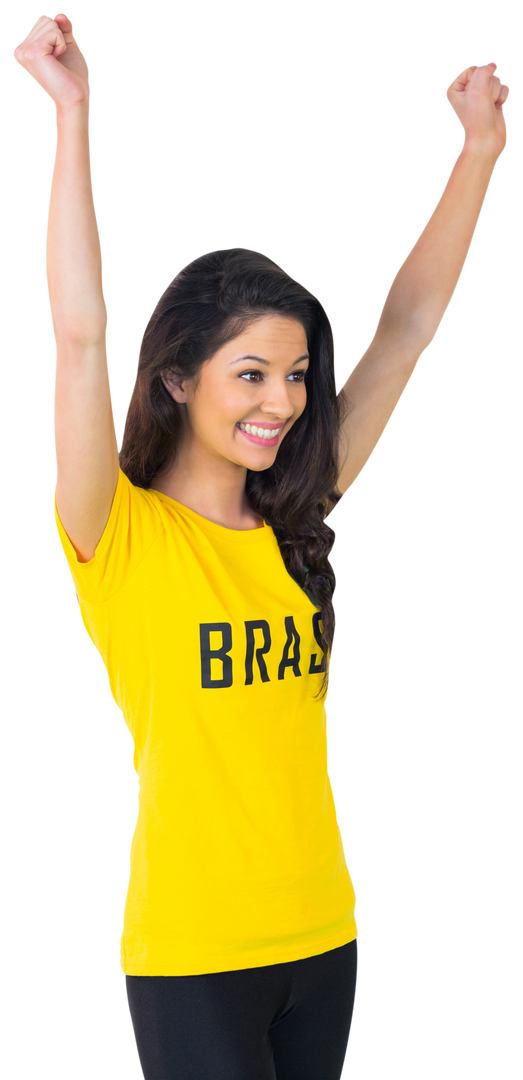 Excited Woman Wearing Brazilian T-Shirt with Raised Arms, Transparent Background - Download Free Stock Images Pikwizard.com