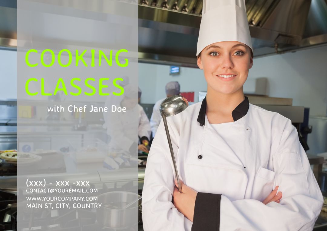 Confident Female Chef Promotes Culinary Workshops in Professional Kitchen