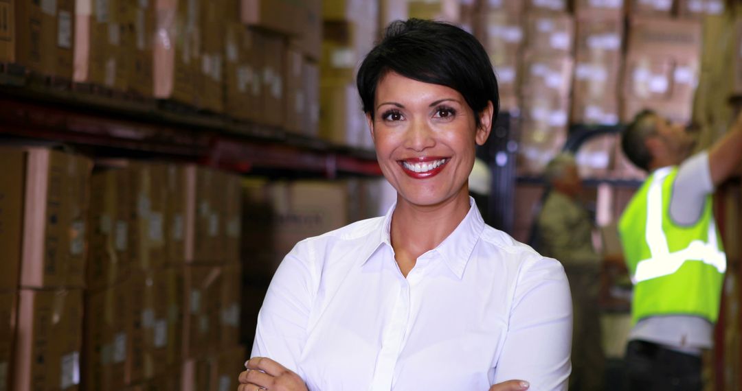 Confident warehouse manager smiling in storage facility - Free Images, Stock Photos and Pictures on Pikwizard.com