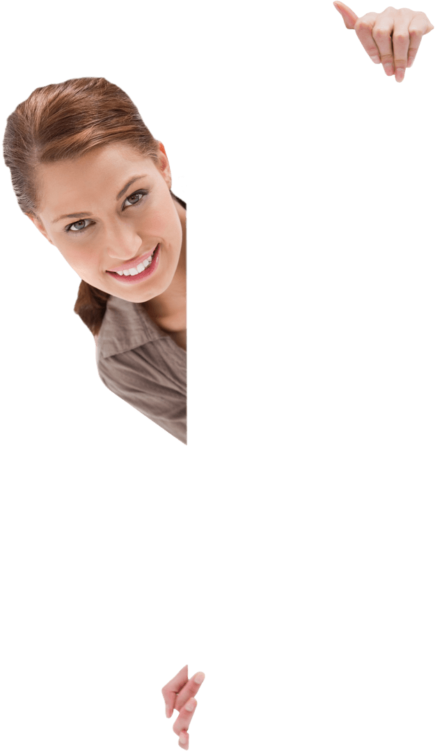 Smiling Woman Displaying Blank Sign on Transparent Background