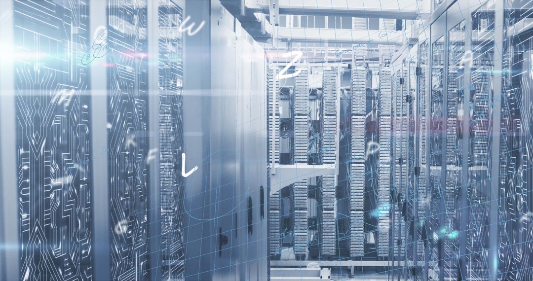 Digital Equations Floating Over Modern Server Room Technology
