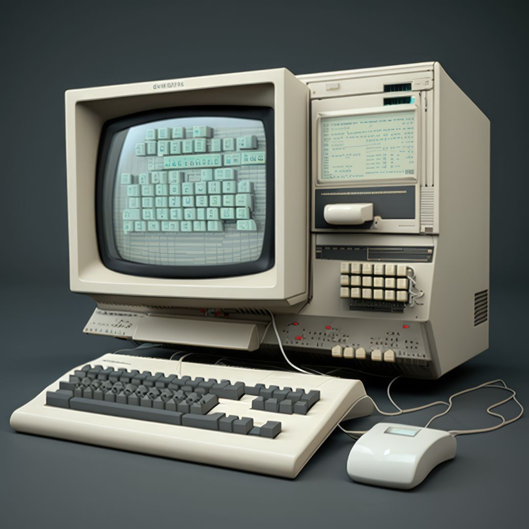 Old computer station with keyboard on grey background, created using generative ai technology - Free Images, Stock Photos and Pictures on Pikwizard.com