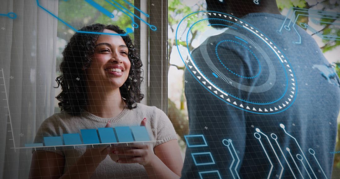 Smiling woman presenting tablet with augmented HUD overlay and collaborative design elements